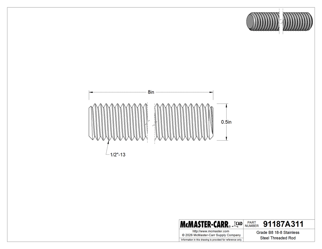 Technical Drawing of Grade B8 18-8 Stainless Steel Threaded Rod, 1/2"-13 Thread Size, 8" Long.